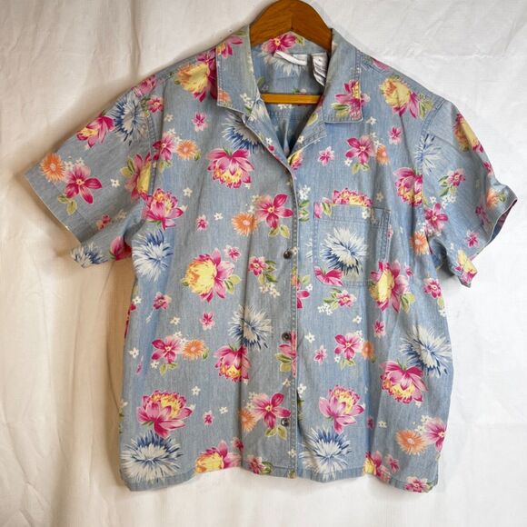 Liz Claiborne Floral Denim Shirt 100% Cotton Cottage Core Boho Size XL Button Up - Picture 9 of 9
